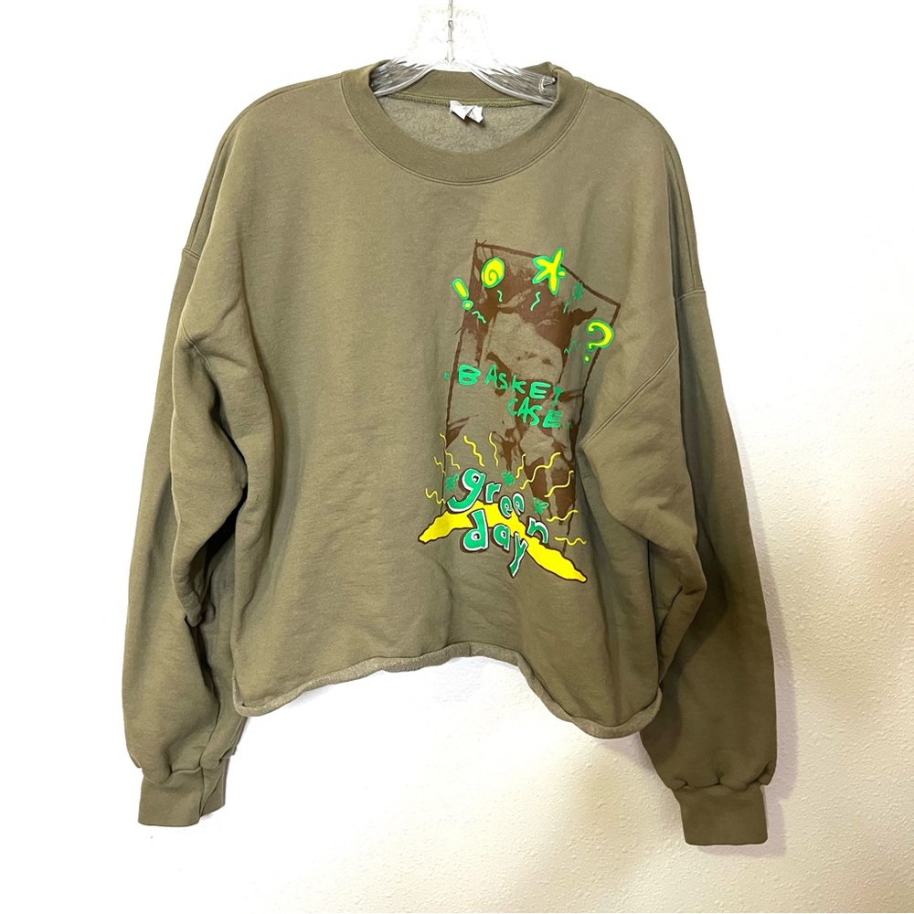 Green Day Graphic Sweatshirt cropped oversized fit sz L olive grunge Y2K